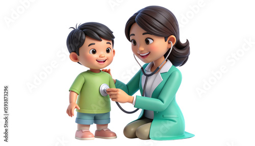 Cartoon illustration of a female doctor examining a young boy with a stethoscope.