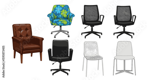 A collection of various chairs including office chairs and armchairs with different designs and colors on transparent background