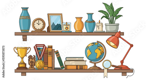 Illustration of two wooden shelves filled with various decorative items and books on white background on transparent background