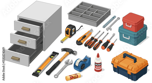 Isometric view of a cabinet with open drawers and an assortment of tools including screwdrivers and toolboxes on transparent background
