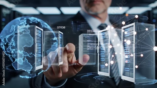 Data Center Specialist Touching Holographic Servers and Glowing Globe wearing Dark Suit in a Dimly Lit Room