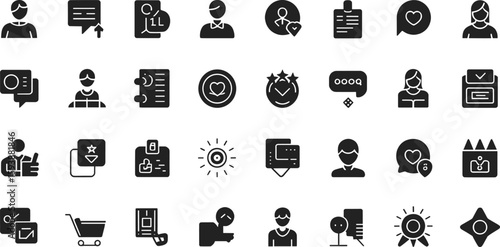 Collection of diverse minimalist icons representing communication and recognition chat user