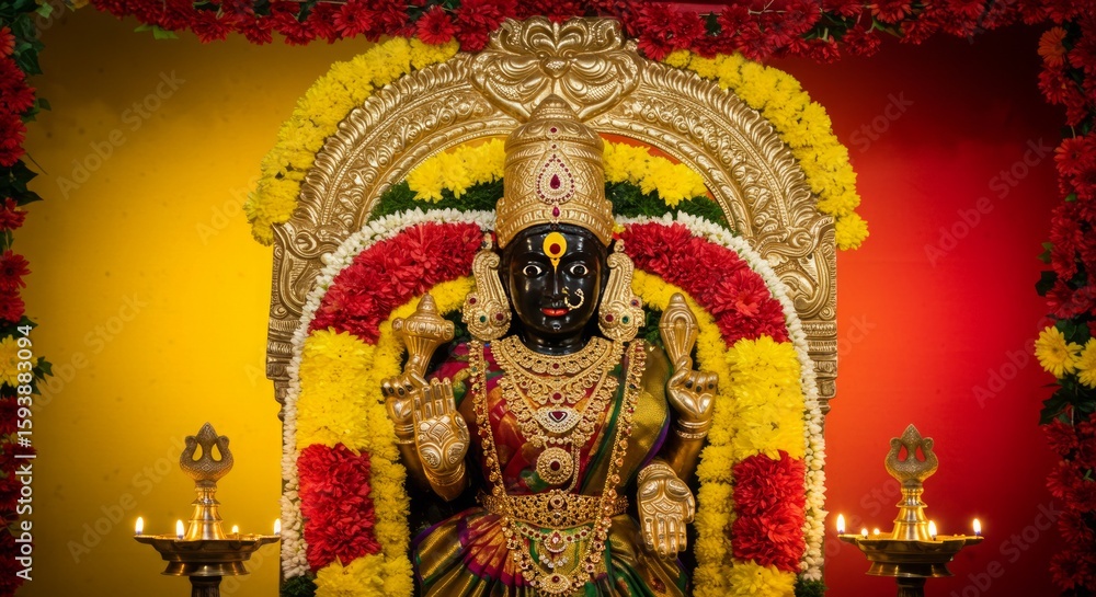 Obraz premium Temple idol of Goddess Gowri with lamp lights, floral backdrop