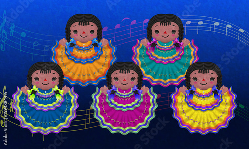 Mexican dolls with colorful dresses and a blue background