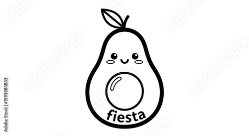 Festive avocado with cute cartoon face and the word fiesta, ideal for decoration, print, or sticker, over a white background.