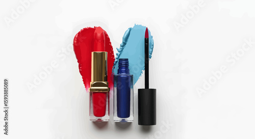 Bold red lipstick and vibrant blue lip gloss make a stylish beauty statement against a clean white backdrop, perfect for cosmetic ads.