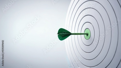 Green dart hitting center of white target in bullseye with gradient background, arrow pointing right.