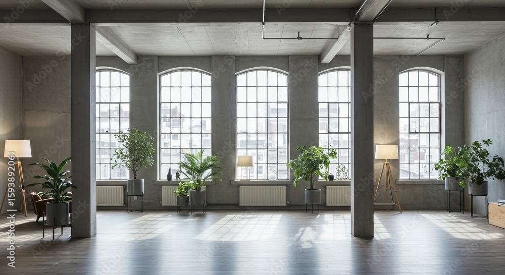 Fototapeta premium Bright and Spacious Modern Loft with Abundant Natural Light and Plants
