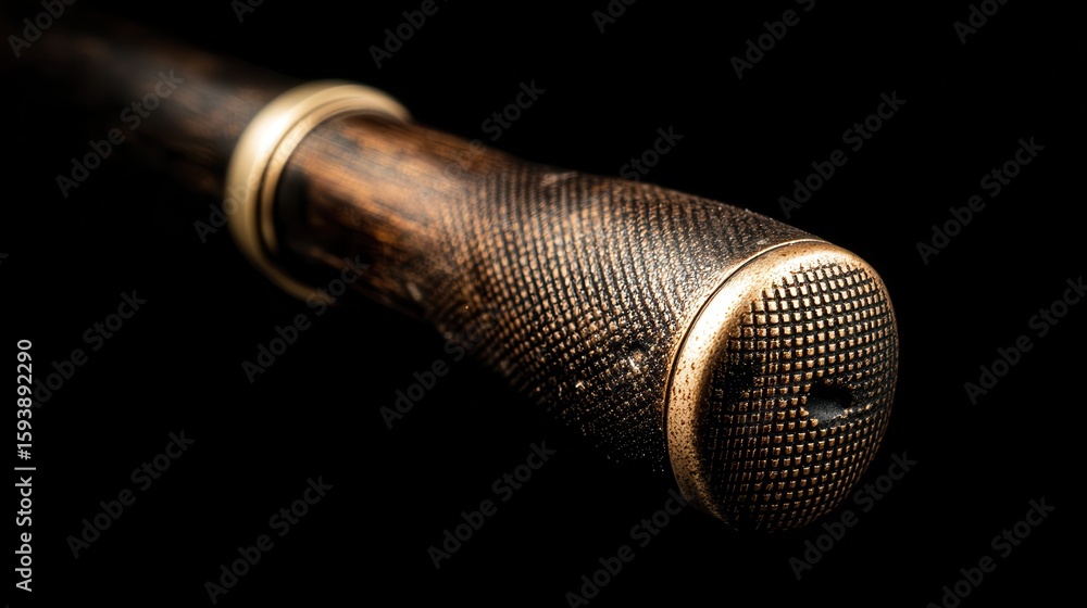 Obraz premium Close-up view of a dark wooden handle with a decorative brass end cap.