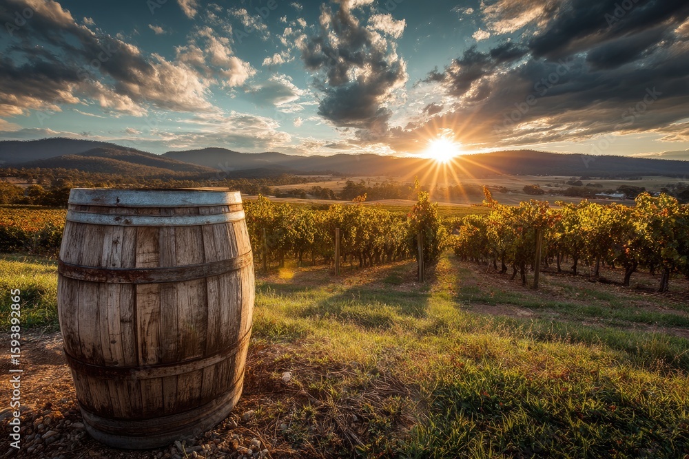 Wooden barrel in vineyard at sunset Wooden barrel in vineyard at sunset