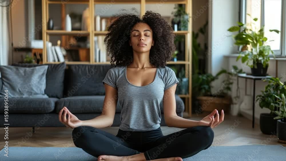 Woman meditating peacefully in a comfortable home setting Woman meditating peacefully in a comfortable home setting