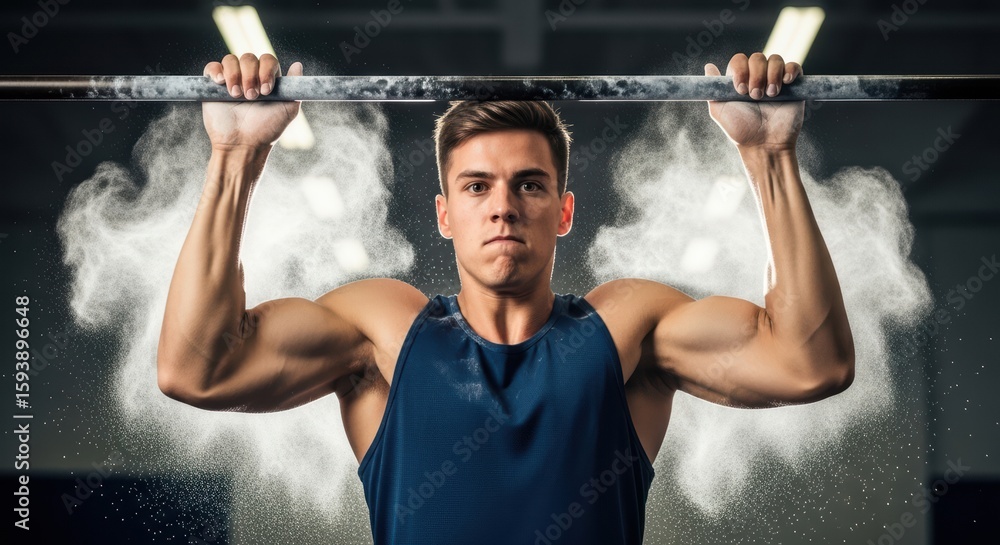 Naklejka premium Strong Man Performing Pull Up Exercise with Chalk Dust Explosion Fitness Motivation