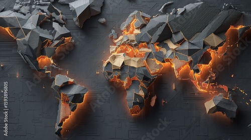 World map, fractured, glowing