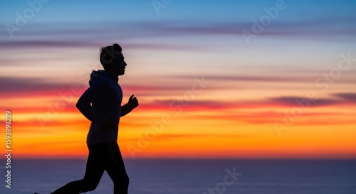 Silhouette of a person running during a vibrant sunset over the ocean horizon
