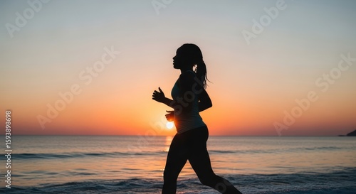Silhouette of a woman running on the beach at sunrise with the ocean behind her
