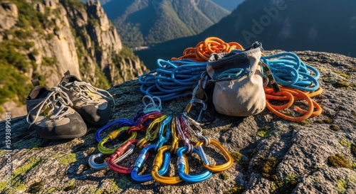 Essential Climbing Gear for Ascending Rugged Mountain Peaks on a Sunny Day