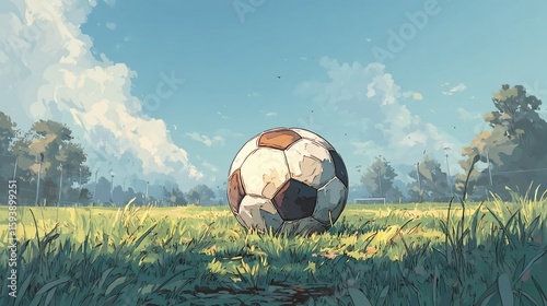 Worn soccer ball on grassy field, sunny day