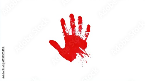 A striking red handprint isolated on a clean white background, symbolizing art, awareness, and creative expression with a minimalistic style perfect for impactful advertising and print media.