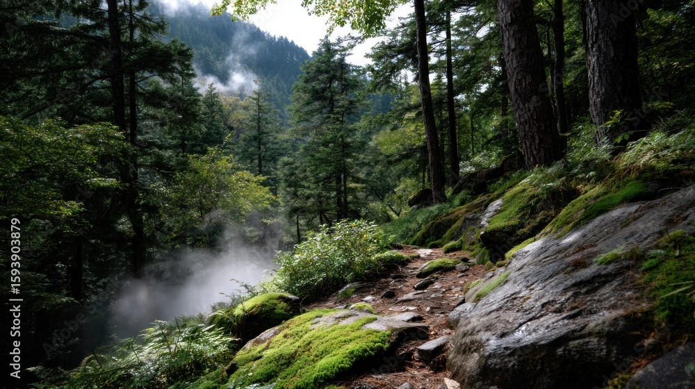 Obraz premium Hiking path winds through lush forest with misty valley