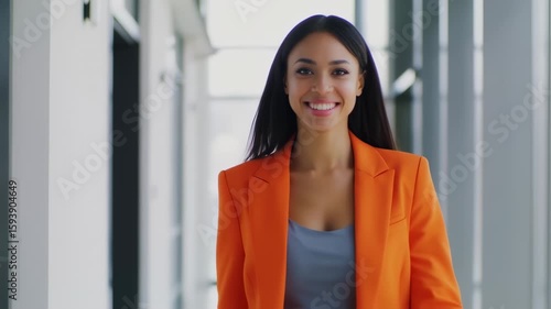 Confident Businesswoman: Smiling, Walking in Modern Office, Orange Blazer