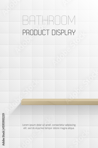 Minimal bathroom interior with white ceramic tiles and floating wood shelf for product mockup or display podium of shampoo, soap, toothpaste, skincare and cleaning supplies. branding showcase