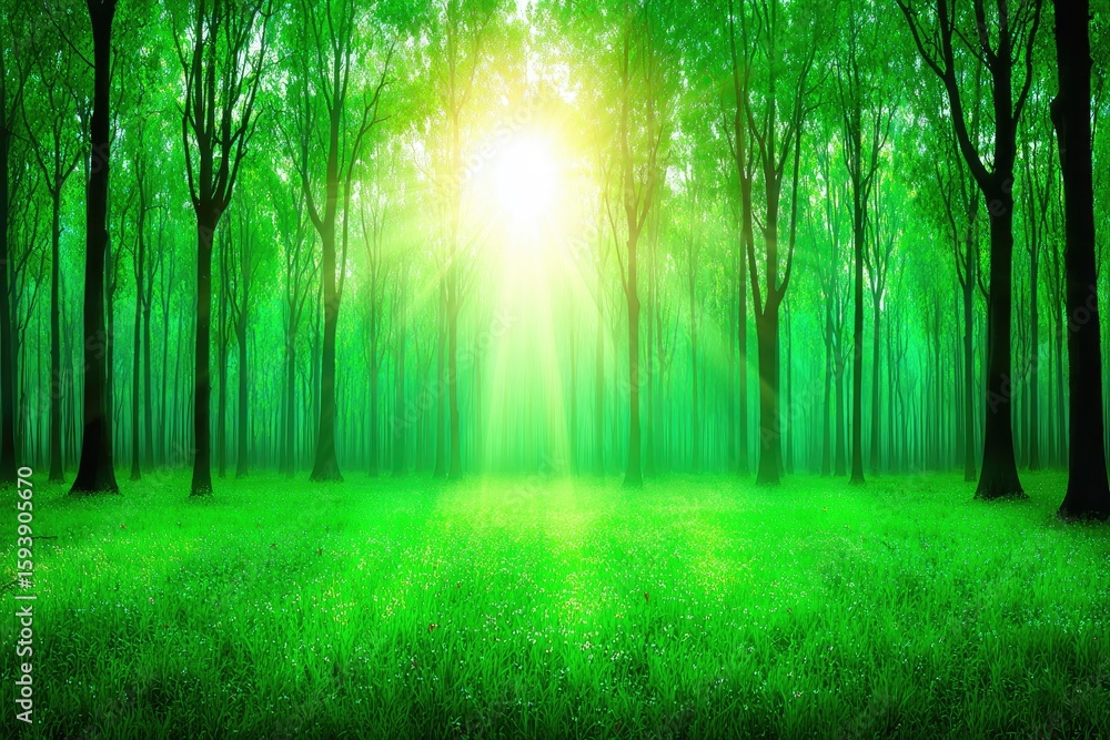 Fototapeta premium Sunlight streams through vibrant green forest