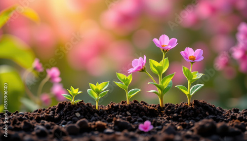 Fototapeta Naklejka Na Ścianę i Meble -  Growing flowers symbolize growth and development, showcasing vibrant pink blooms emerging from rich soil. This captures beauty of nature and cycle of life