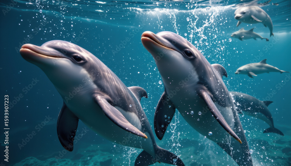 Naklejka premium Dolphins swimming gracefully in clear blue water, showcasing their playful nature and intelligence. Bubbles surround them, creating lively underwater scene filled with joy and energy