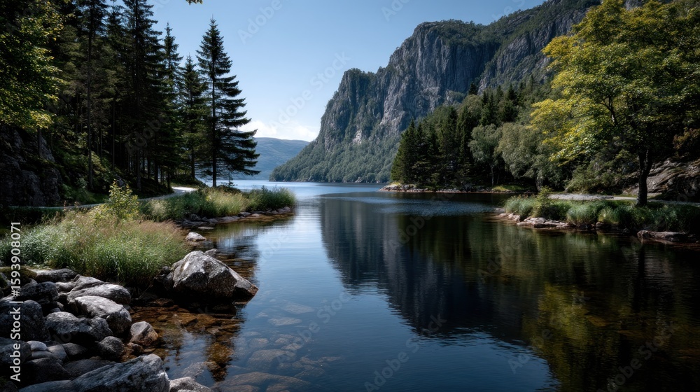 Fototapeta premium Landscape scene mirrored by the water in a mountain lake