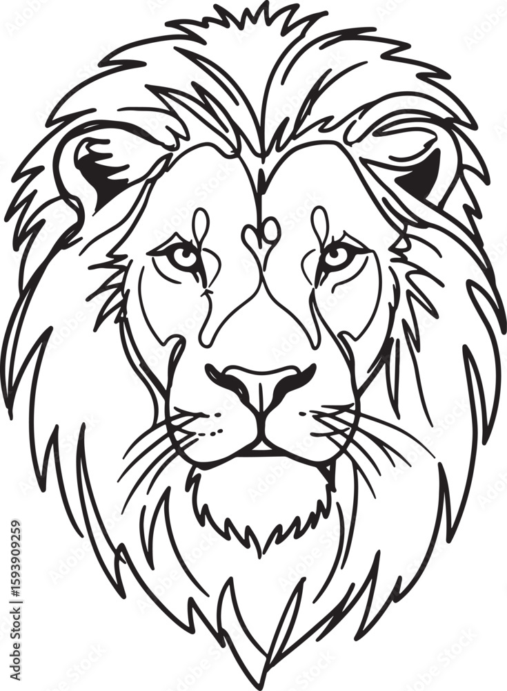 Detailed black and white line art portrait of a majestic lion's face Detailed black and white line art portrait of a majestic lion's face