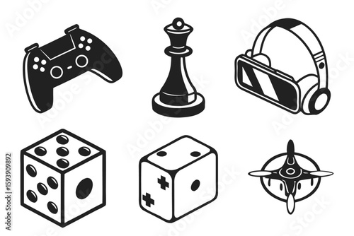 Bold glyph icon set for modern gaming and tech hobbies, including VR, drones, and chess.
