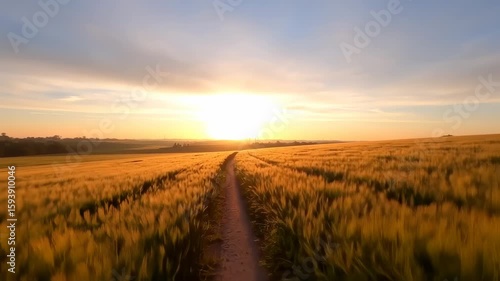 Golden Wheat Field Path at Sunrise: Serene Rural Landscape Aerial View