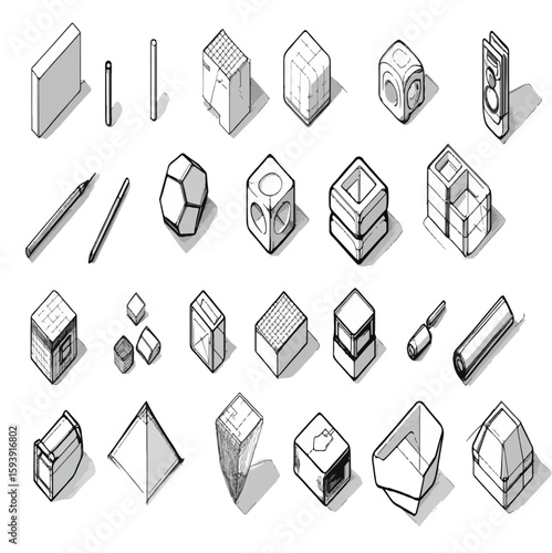 Isometric sketches of various three dimensional geometric shapes and drawing tools on a white background