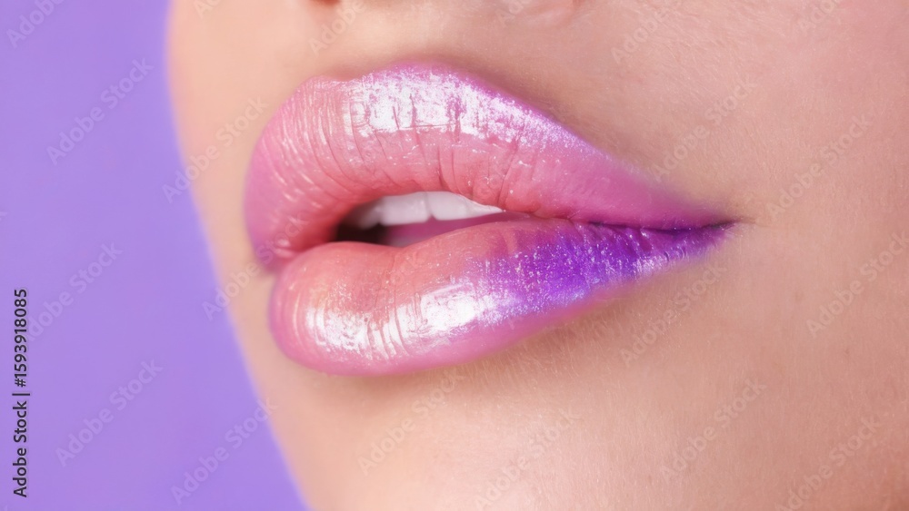 Fototapeta premium Shiny metallic lips in pink and purple shades on a smooth, glamorous woman.