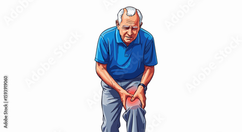 Elderly man experiencing knee pain, illustrated, for medical publications