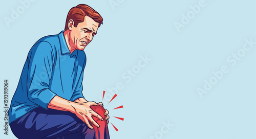 Man experiencing knee pain, illustrated, with copy space