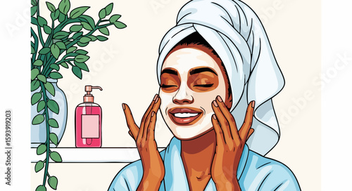 Woman applying face mask, enjoying self-care routine, at home, for wellness blog