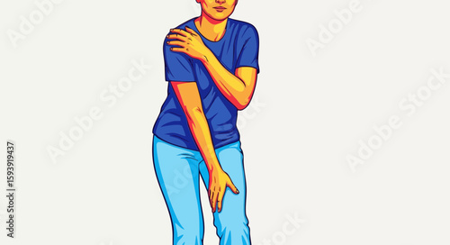 Person experiencing shoulder pain, illustrated, for medical websites