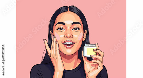 Woman applying face cream, illustration, pink background, for beauty blogs
