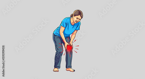 Woman experiencing knee pain, illustration, for medical publications