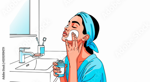 Woman applying face cream in bathroom, for skincare routine blogs