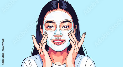 Woman applying face mask, pastel illustration, skincare routine, for beauty blogs