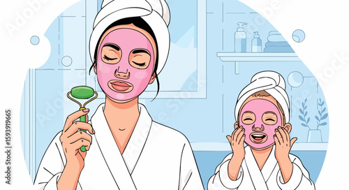 Woman and child applying face masks, in pastel colors, for beauty blogs