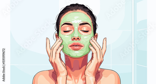Woman applying face mask, skincare routine, beauty treatment, pastel colors, for beauty blogs