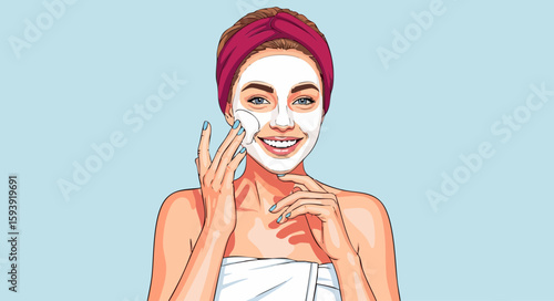 Woman applying face mask, smiling, self-care routine, pastel colors, for beauty blogs