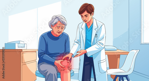 Doctor examining senior woman's knee pain, in clinic, for medical websites