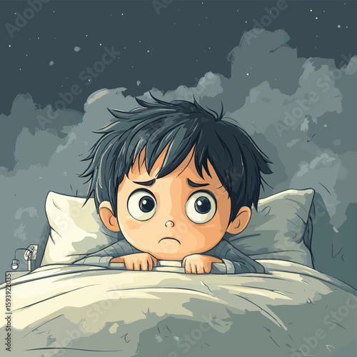 boy in bed having nightmares, vector style simple color
