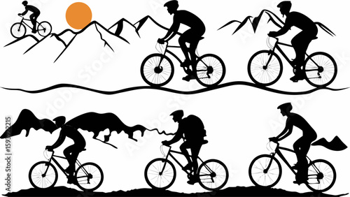 Silhouette of mountain bikers riding on trails with mountain backdrop and sun in a black and white design