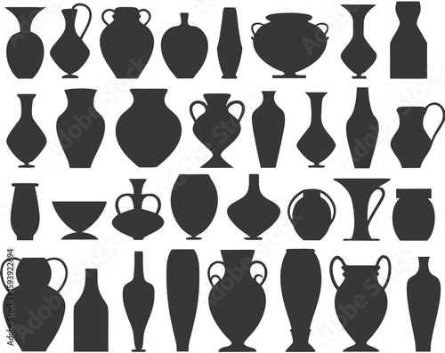 Black set of ceramic pot. Silhouette collection of icons with bowl. Retro ceramic vases in trendy minimalist style. Vector pottery icons for logo, postcard, posters, posts and stories