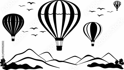 Black and white landscape with mountains hot air balloons and birds in a minimalist vector design style